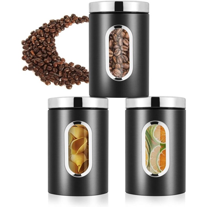 Set de 3 borcane din otel inoxidabil etans cu fereastra, pentru pastrarea alimentelor, multicolor