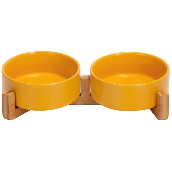 2 db ortopéd dupla etetőtál macskáknak, kerámia, sárga, 13cm, csúszásmentes fa tartóval