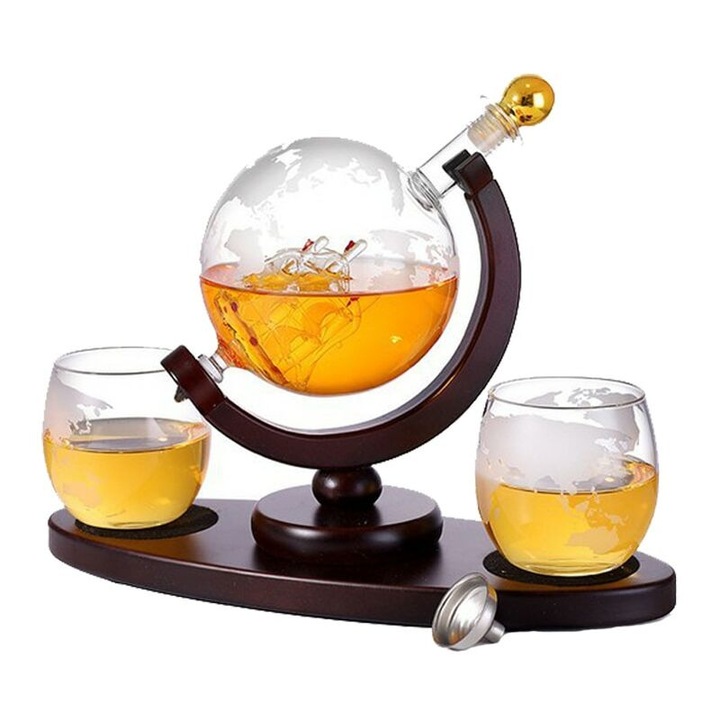 Set decantor whisky din sticla si lemn, 900 ml, transparent/maro, cu 2 pahare