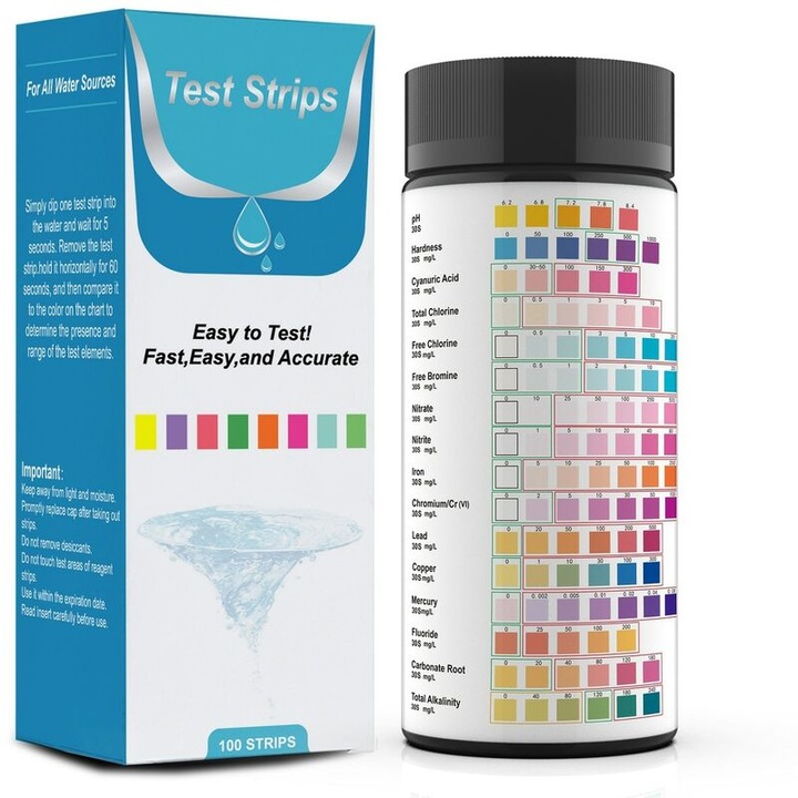 Kit de testare a calitatii ape, 100 benzi de testare, 16 in 1, pentru acvarii si piscine