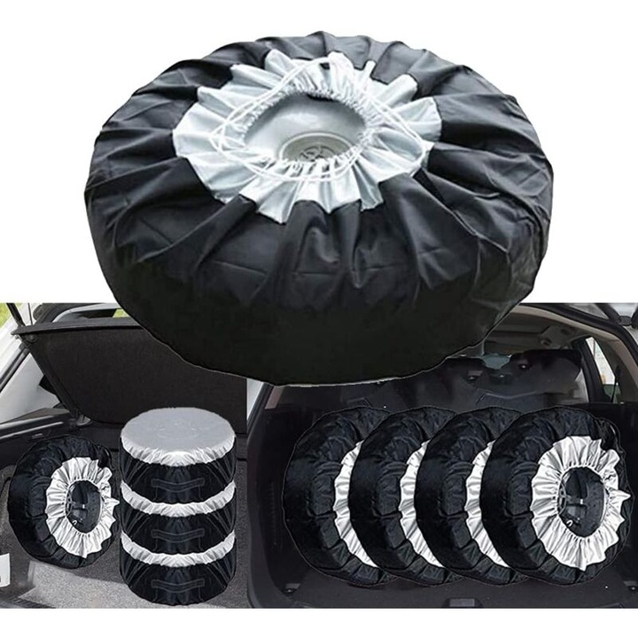 Set huse auto pentru roti de rezerva, 4 buc, negru si argintiu, 65x30cm