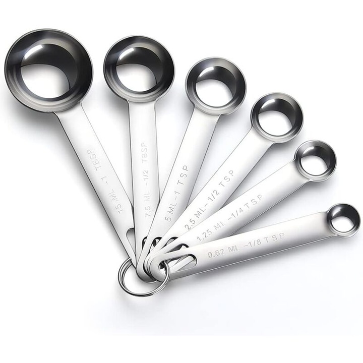 Set de linguri de masurare din otel inoxidabil, 6 piese, 1/8 tsp, 1/4 tsp, 1/2 tsp, 1 tsp, 1/2 TBLS, 1 TBLS