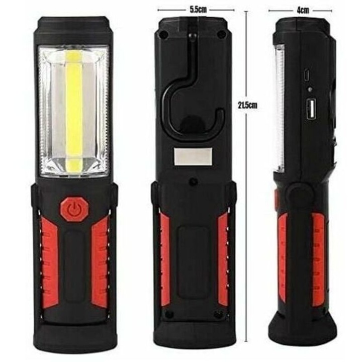 Lanterna multifunctionala 3 in 1, 20x6x6cm, cu incarcare USB, 650 lumeni, negru/rosu