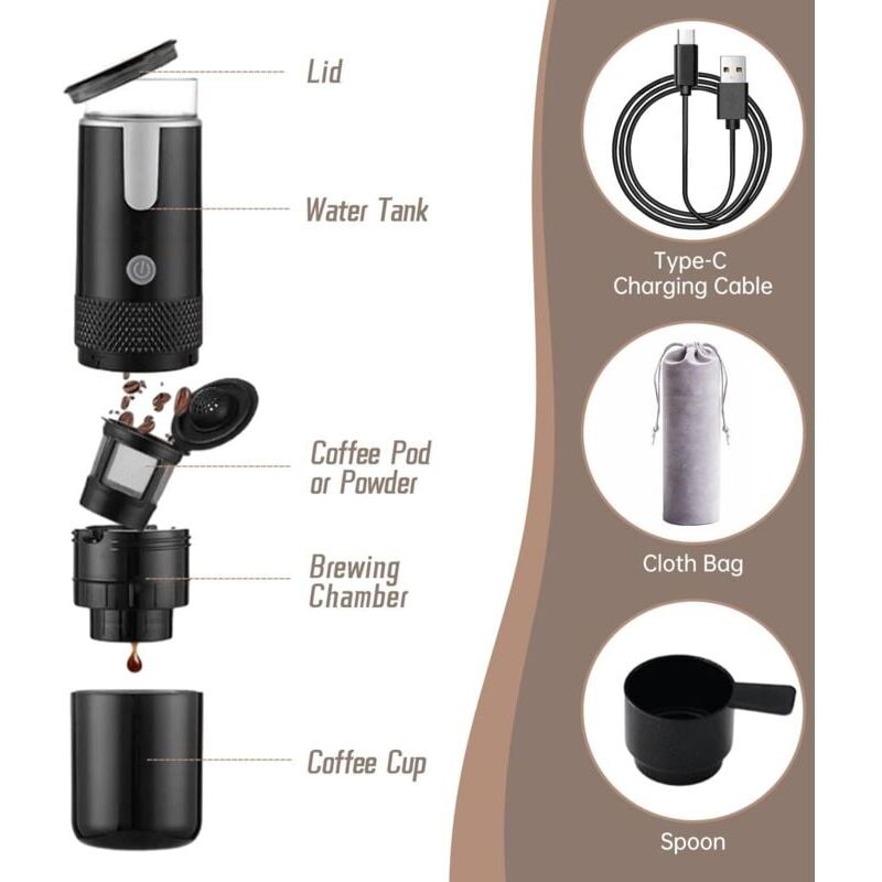 Cafetiera portabila, compatibila K-caps si cafea macinata, 245x75mm, 484g