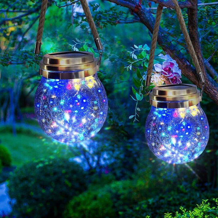 Set 2 felinare solare de gradina, 30 LED, IP65 rezistente la apa, cu sticla crapata, Multicolor