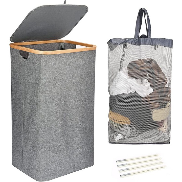 Cos pentru rufe cu capac, 100L, cu manere din bambus, gri, set cu sac detasabil