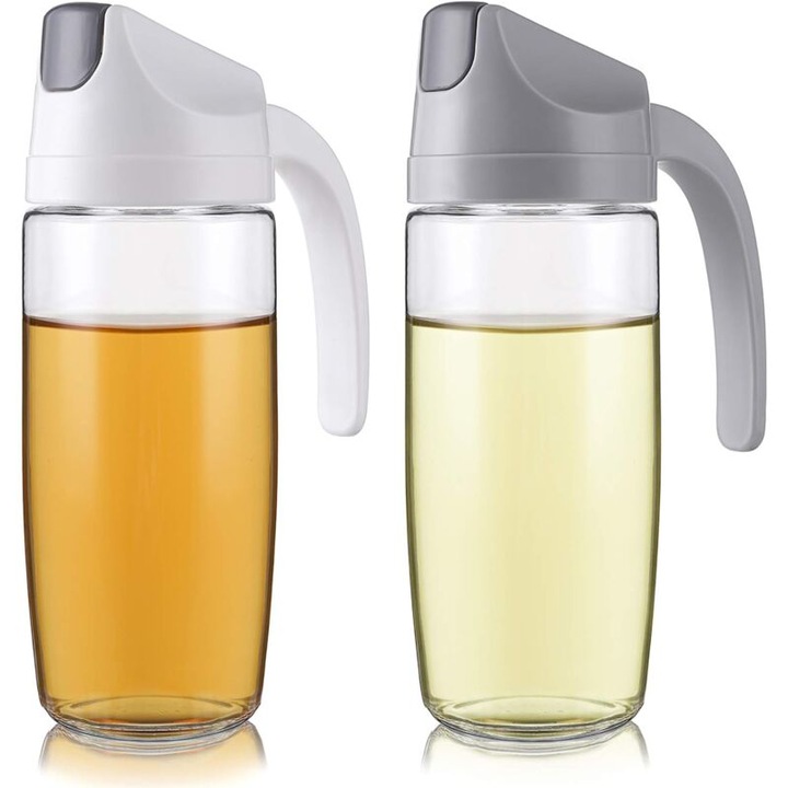Set 2 sticle dozatoare ulei de masline, 600ml, sticla fara scurgeri, alb si gri, 21x8x6.6cm