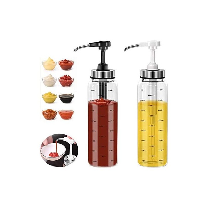 Set de 2 sticle din sticla pentru ulei de masline, 500ml, fara picurare, pentru ketchup, dressing salata, miere