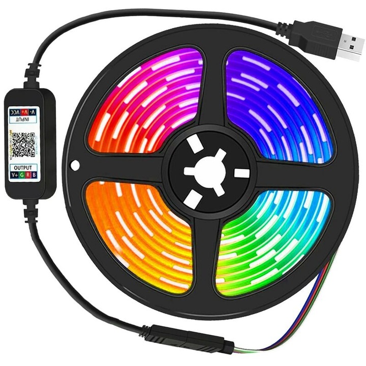 Banda LED 2m RGB 5050, sincronizare muzica, aplicatie, 16 milioane culori, IP65, multicolor