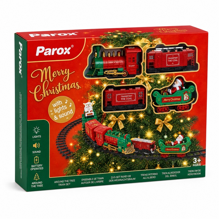 Trenulet Electric de Craciun pentru Brad Parox, cu Abur, Lumini si Sunete, Set 22 Piese, Suport Brad, Functionare cu Baterii, 3+ Ani