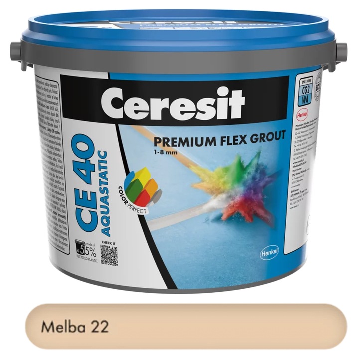 Chit premium Melba 2 kg pentru rosturi Ceresit CE 40 Aquastatic, flexibil, rezistent la apa si mucegai, 1-8 mm, interior si exterior, gresie faianta portelan piatra