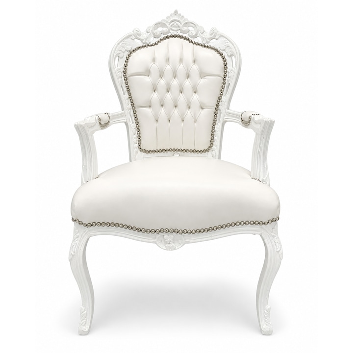 Scaun baroc cu brate, alb/crem, tapiterie capitonata, stil regal