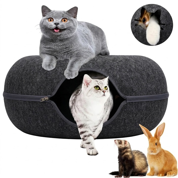Pat Confortabil pentru Pisici si Animale Mici, cu Tunel Interactiv de Joaca, Fereastra Ventilata si Material Rezistent la Zgarieturi, 60x60x28 cm, Negru, L