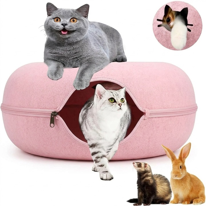 Pat Confortabil pentru Pisici si Animale Mici, cu Tunel Interactiv de Joaca, Fereastra Ventilata si Material Rezistent la Zgarieturi, 60x60x28 cm, roz, L