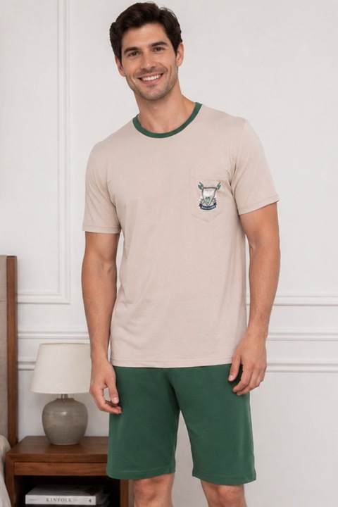 Pijama Barbati Scurta din Bumbac, Set de Vara, maneca si pantaloni scurti bej 1066 15736, Bej