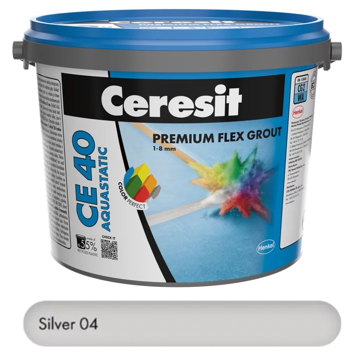 Chit premium Silver 2 kg pentru rosturi Ceresit CE 40 Aquastatic, flexibil, rezistent la apa si mucegai, 1-8 mm, interior si exterior, gresie faianta portelan piatra