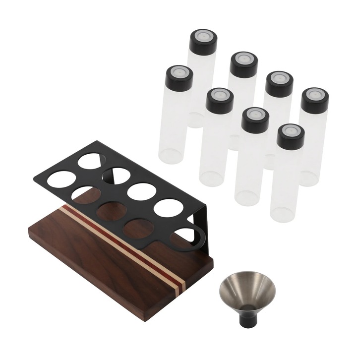 Set depozitare boabe de cafea, Suport cu tuburi din sticla, 8 tuburi, ABS, sticla, lemn, calitate alimentara, 19, 2×8, 5×11 cm, Greutate neta 0, 95 kg, Negru
