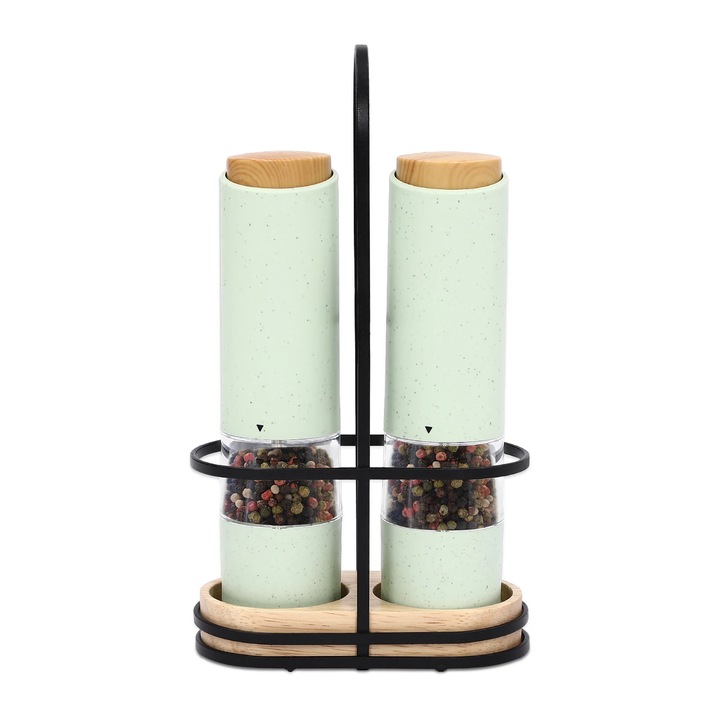 Set electric de rasnite pentru sare si piper, 2 bucati cu suport, mecanism ceramic, granulatie reglabila, capacitate 40 g, 5, 2×20, 5 cm, verde deschis