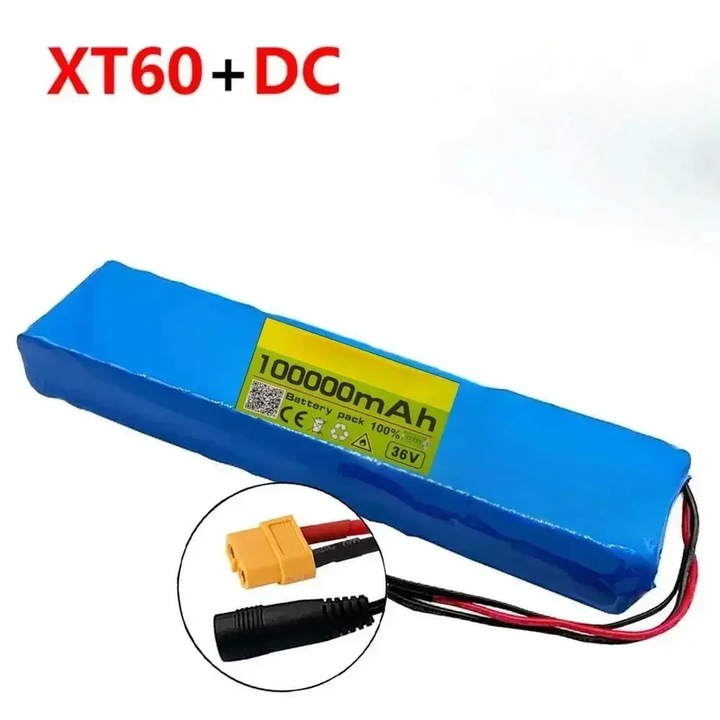 Acumulator pentru trotineta electrica, Li-ion 36 V, Capacitate 100000 mAh, Configuratie 10s2p, Conector XT60-DC, Doar acumulator, Mov