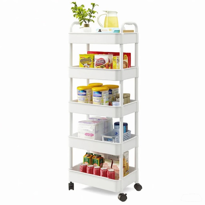Carucior de depozitare, Etajera mobila cu 5 niveluri, Cu roti, 360° rotativ, ABS, Pentru baie bucatarie spalatorie, Gri deschis