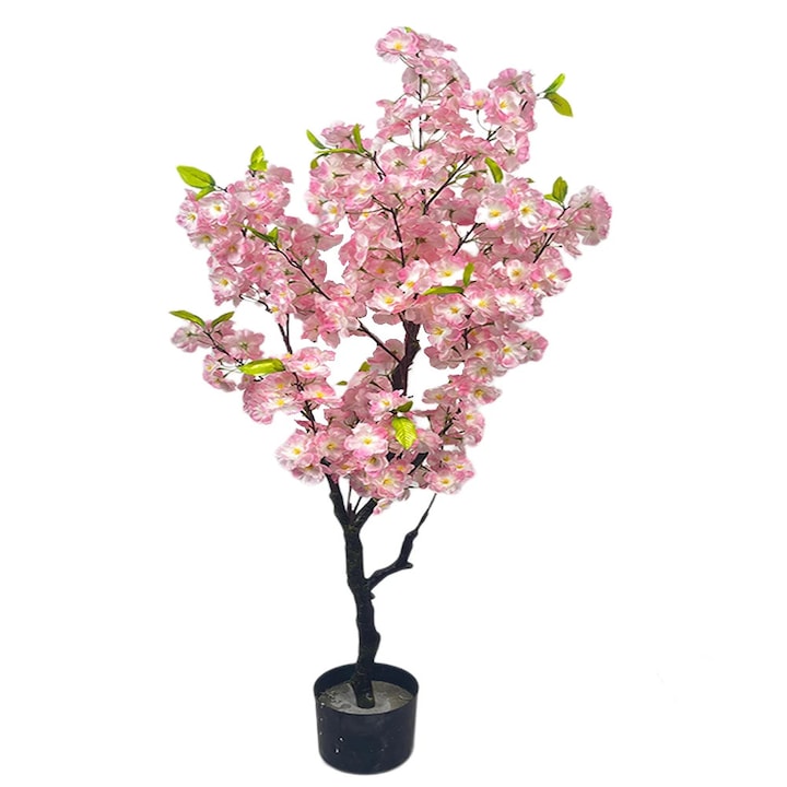 Copac artificial cu flori de cires, Copac la ghiveci, 120 cm, Flori din matase, De podea, Stil bonsai, Pentru nunta si exterior, Roz inchis