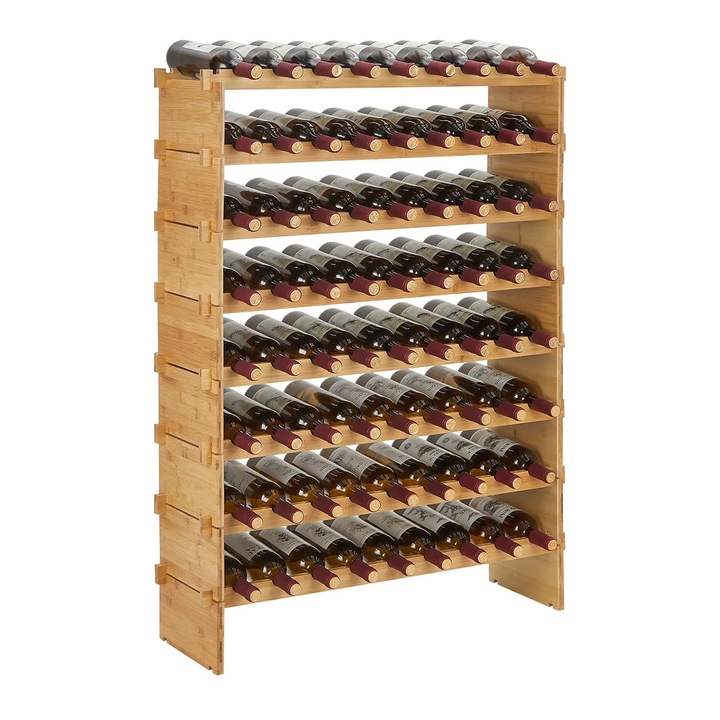 Raft pentru vin din bambus, 8 niveluri, Stivuibil, Modular, Autoportant pentru podea, Depozitare sticle, Expunere, Transparent