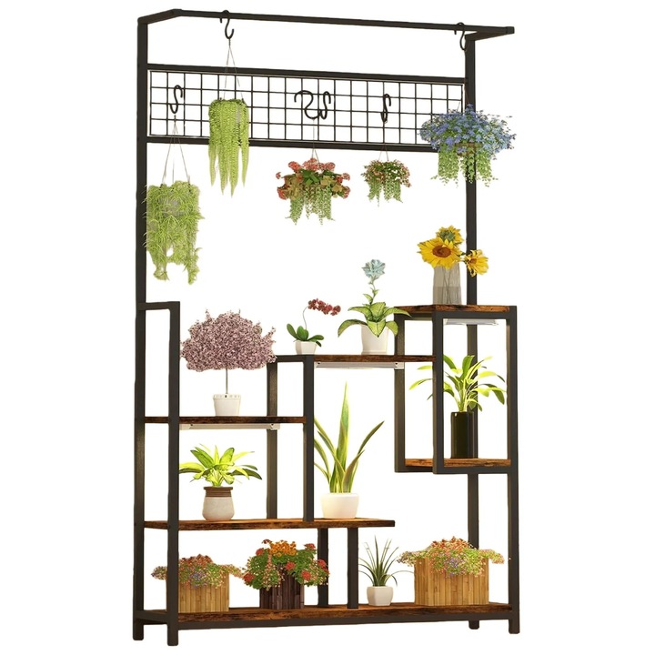 Suport pentru plante, etajera metalica pe 7 niveluri cu lumina de crestere, model inalt, carlige de agatat, pentru interior, balcon si terasa, asamblare, auriu