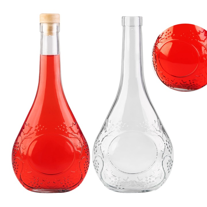 Set 10 Sticle decorativa din sticla transparenta, 500 ml, model cu relief vita de vie si struguri, pentru lichior, vin sau ulei