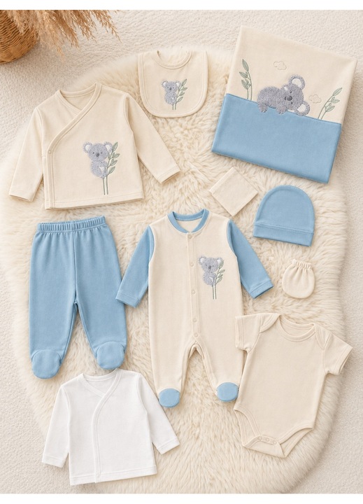 Set bebe 10 piese bumbac bleu crem complet nou nascut, 0-3 luni, Baieti