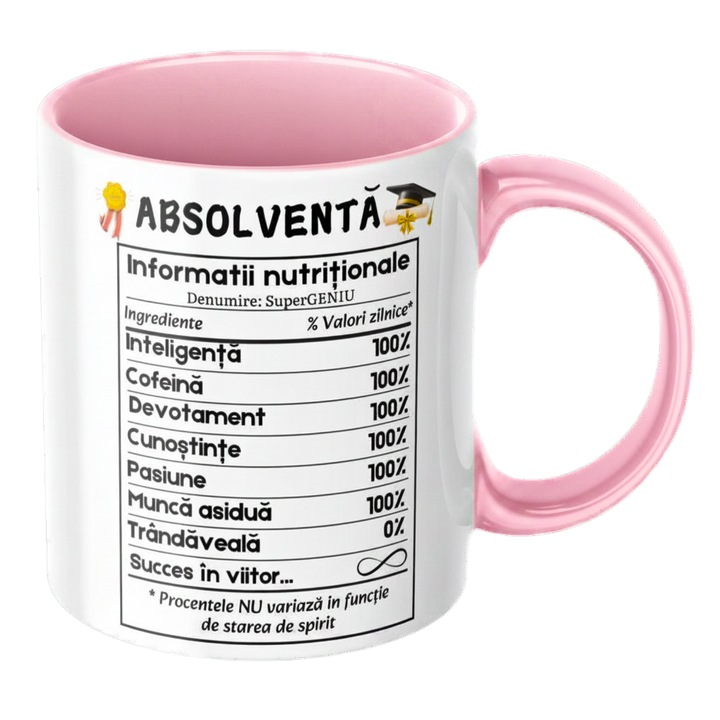 Cana cadou absolventa - Model amuzant cu mesaj amuzant si motivational, pentru ea, original, absolvire, ceramica, 330ml, roz