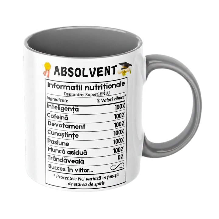 Cana cadou absolvent - Model amuzant cu mesaj amuzant si motivational, pentru el, original, absolvire, ceramica, 330ml, gri