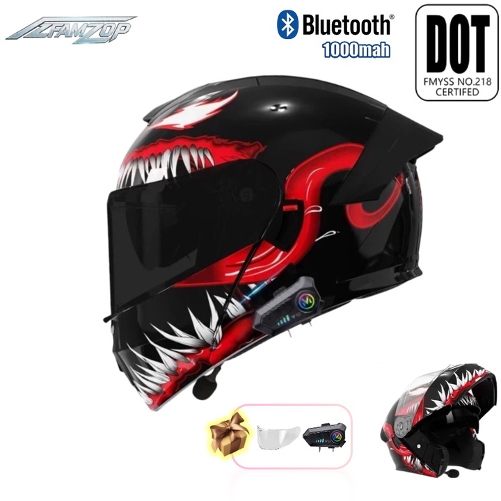 Мото каска AZFAMZOP™, Интегриран Bluetooth, DOT сертификация, включва опушен и прозрачен визьор, Черен и Червен, XL