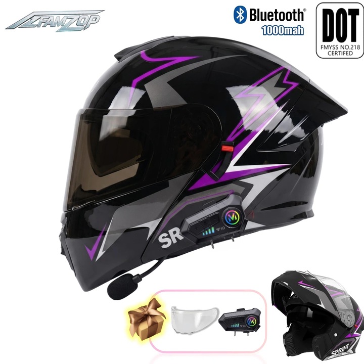 AZFAMZOP™ Motoros Sisak, Integrált Bluetooth, DOT Tanúsítvány, füstszínű plexivel, Fekete/Ibolya, XL