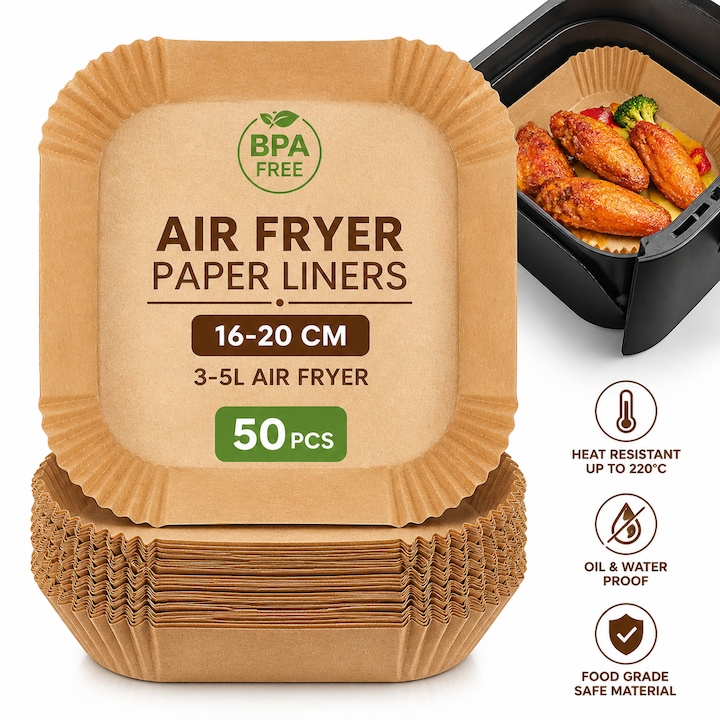 Hartie de copt pentru Air Fryer, patrata, 50 buc, 16 cm, antiaderenta, rezistenta la temperaturi inalte pana la 220°C, rezistenta la grasimi, de unica folosinta, sigura pentru alimente, fara BPA, accesorii bucatarie