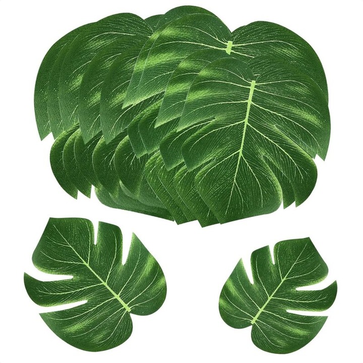 Set de 24 frunze decorative artificiale, palmier, tema jungla, verde, 45x37cm