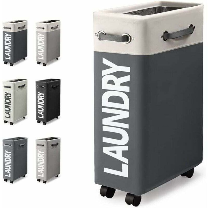 Cos pentru rufe 45L, design ultra-subtire, material Oxford 600D impermeabil, cu 4 roti, pliabil