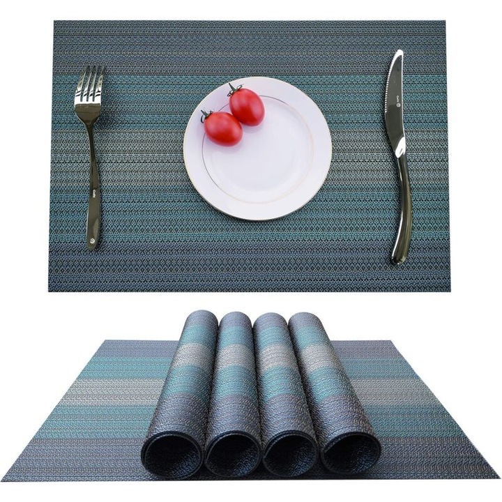 Set de 4 servete din PVC, rezistente la caldura si pete, gri/albastru, 45x30cm
