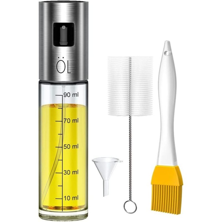 Spray pentru ulei de masline, 100 ml, sticla si otel inoxidabil, set cu pensula si palnie