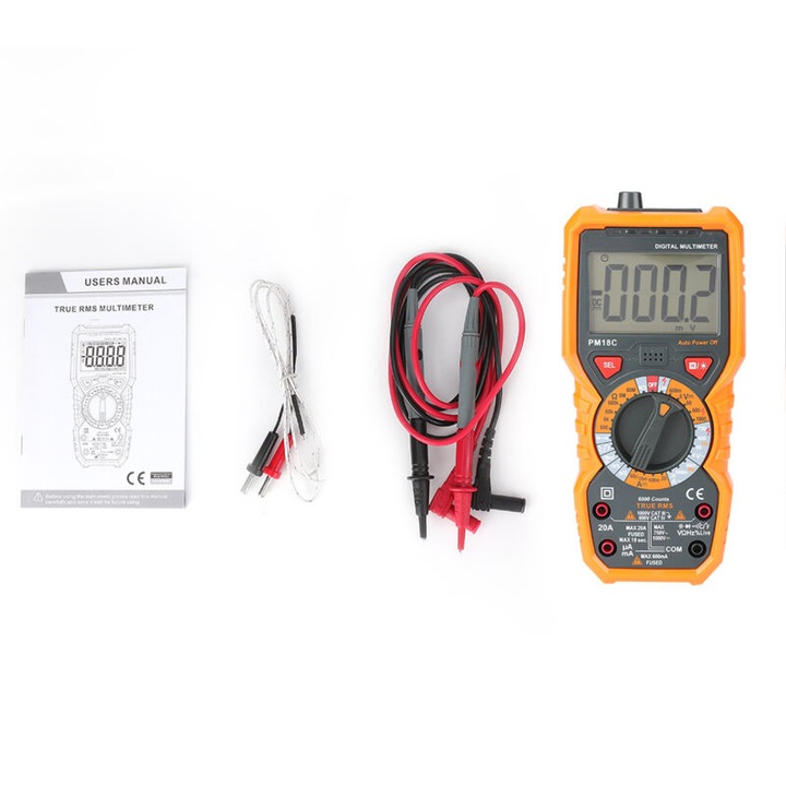 Multimetru digital PM18C, masurare temperatura pana la 250°C, display LCD 6000 count, functie NCV, alimentare automata.