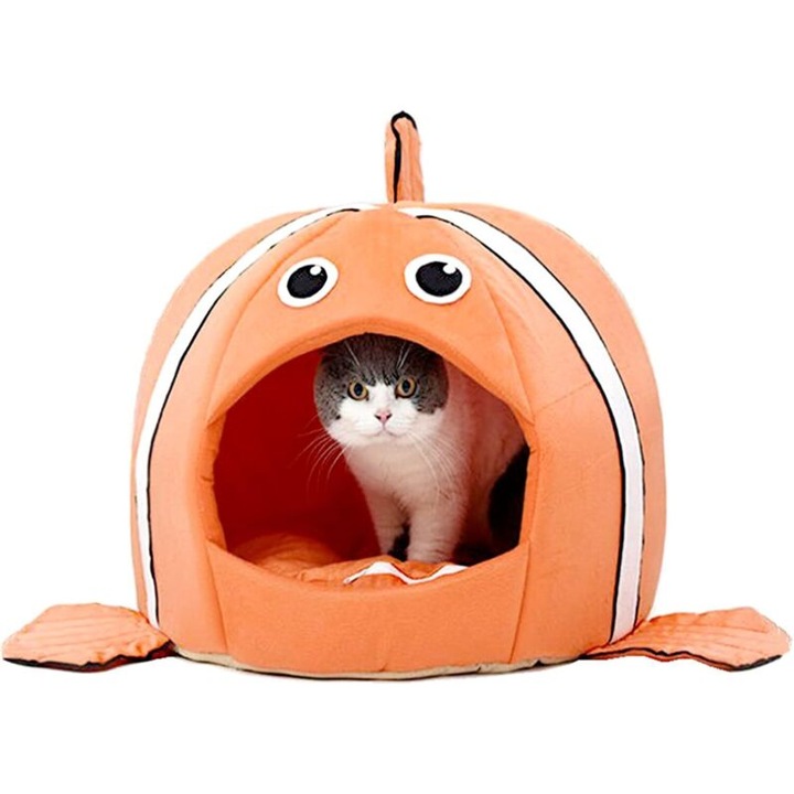 Culcus pentru animale portocalie, 12.6 inch, din lana periata si material Oxford, design 2 in 1, rezistent la umezeala