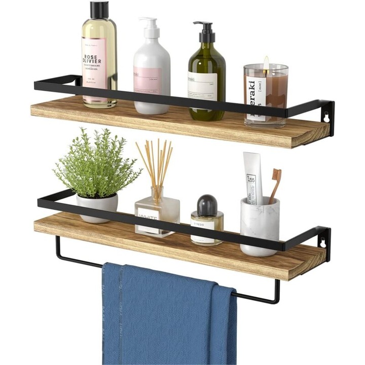2 db Rusztikus Polc Szett 42cm - Kezeletlen Paulownia Fa - Törölközőtartó - Gyors Összeszerelés 5 Perc Alatt