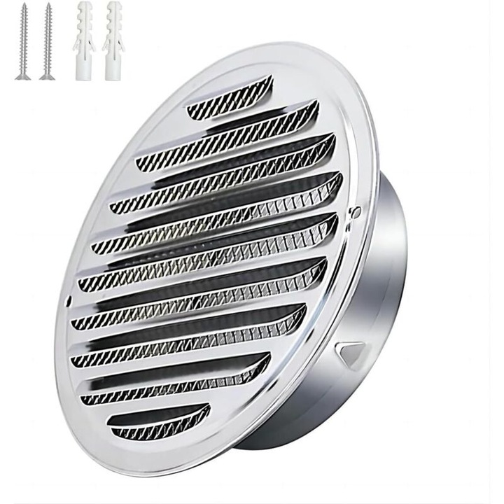 Grilaj de ventilatie rotund din otel inoxidabil 150mm, tip plasa 45, set cu suruburi si tuburi de expansiune