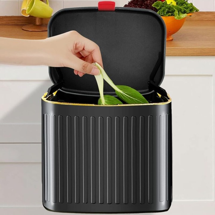 Cos de gunoi pentru bucatarie, 8L, inox, capac etans, dimensiuni 22x15x31cm, instalare usoara pe usi de dulap
