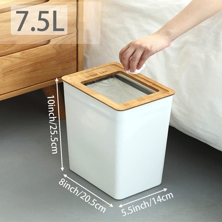 Cos de gunoi rectangular 7.5L, plastic dur, capac din bambus deschis, 23x16x25.5cm