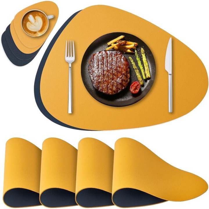 Set de 4 servete din piele, rezistente la caldura, usor de curatat, reversibile, multicolor