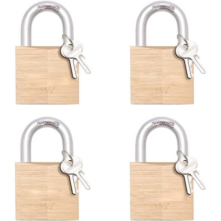 4 db sárgaréz lakat készlet kulccsal, 30mm, raktárakhoz, edzőtermekhez, beltéri/kültéri használatra