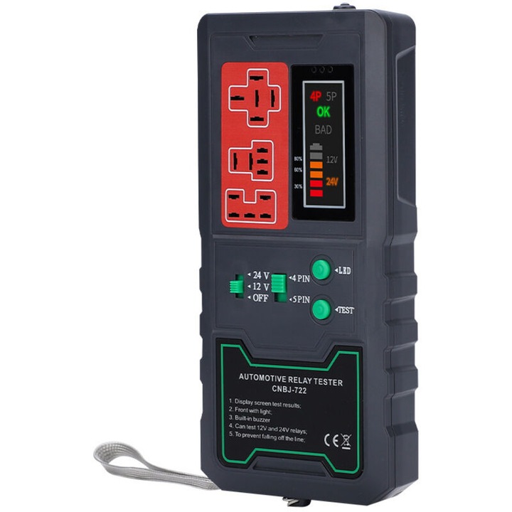 Tester auto pentru relee 12V/24V, display LED, lampa de mare intensitate, cu baterii de capacitate mare
