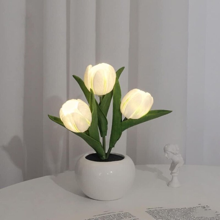 Veioza cu lampa in forma de tulipa, ceramica moderna, dimabila, wireless, roz
