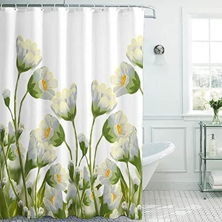 Cortina de dus cu flori albe si margareta, set cu 12 carlige, impermeabila, 100% poliester, dimensiuni standard