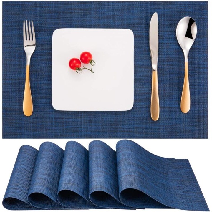 Set de 6 servete din PVC, rezistente la caldura, antiderapante, 30x45cm, albastru